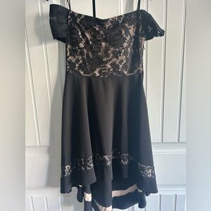 M.STUDIO Black and Gold Lace Off-Shoulder A-Line Dress